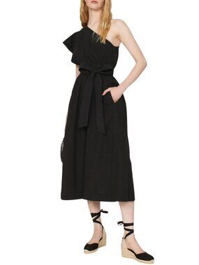 EUC Madewell Black Ruffled One-Shoulder Cotton A-Line Midi Dress With Tie Waist